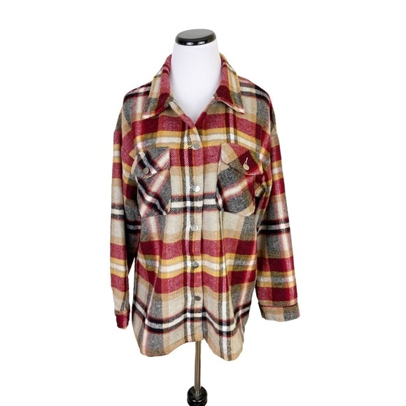 Womens Plaid Button Front Shirt Jacket Shacket Large Tan Black Red EUC - Picture 1 of 8